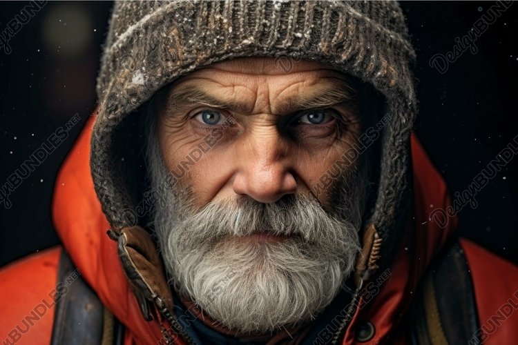 Intense gaze of a bearded elderly man in winter gear