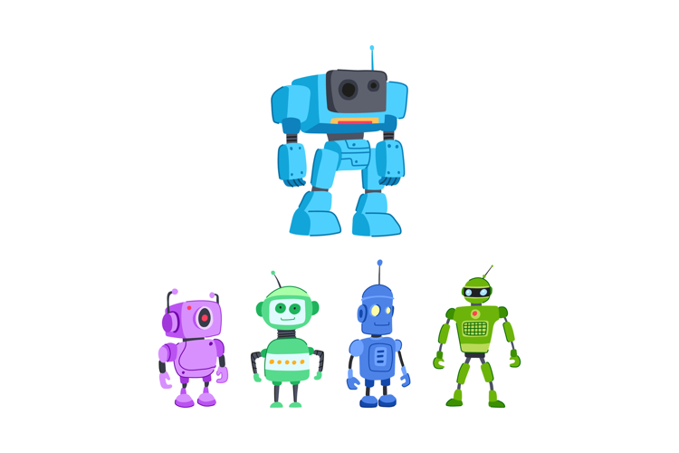 Colorful toy robots standing different poses