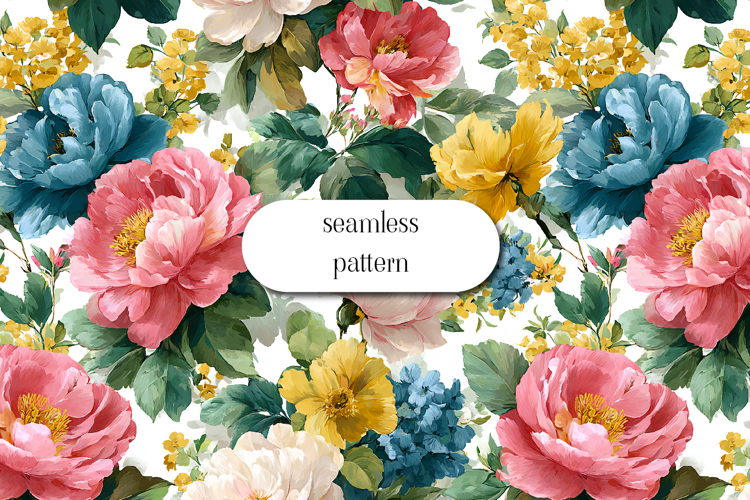 Seamless Vintage Floral Pattern with Peonies & Roses