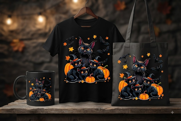 Black Cat Family Halloween PNG | Witch Cats & Pumpkins