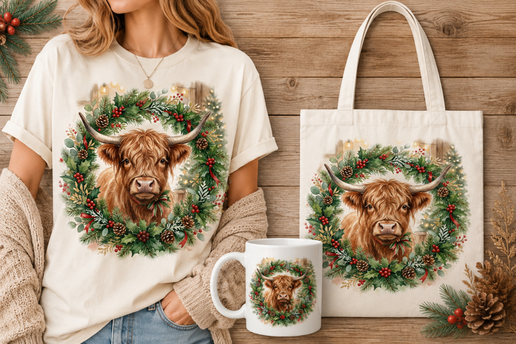 Highland Cow Christmas Wreath Watercolor Holiday Art