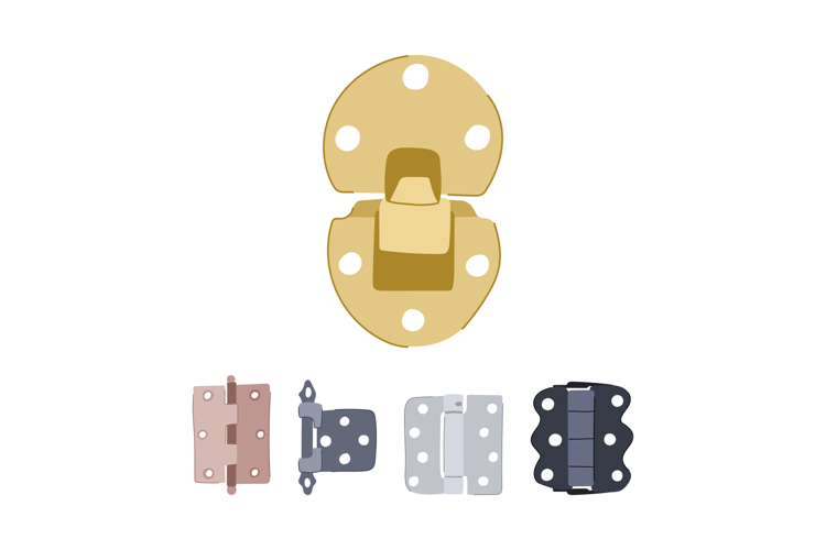 Various hardware pieces including hinges and a decorative la