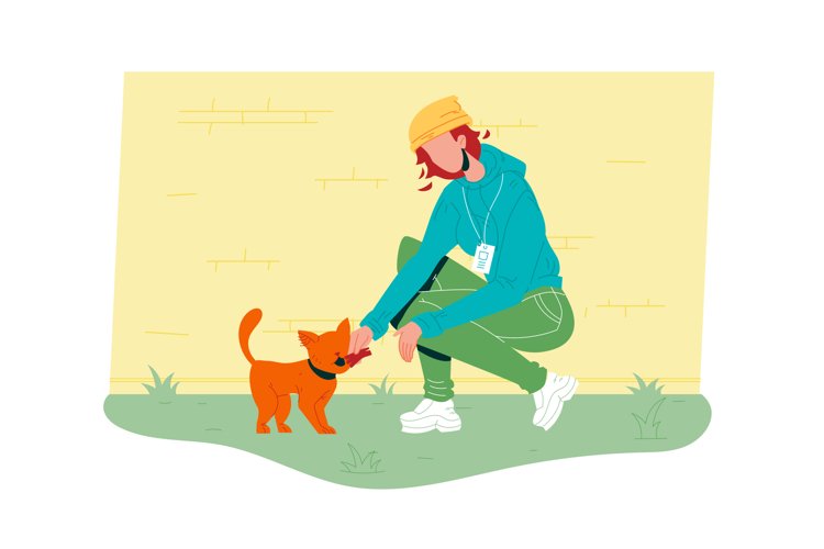 Woman Volunteer Feed Homeless Cat Vector Illustration example image 1