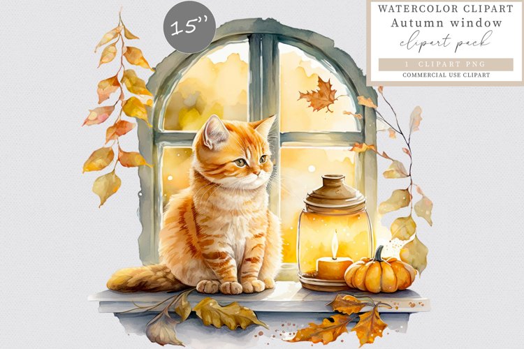 Autumn window clipart, Autumn sublimation, Cat clipart