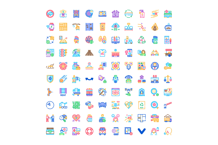 Diverse collection of colorful business and lifestyle icons