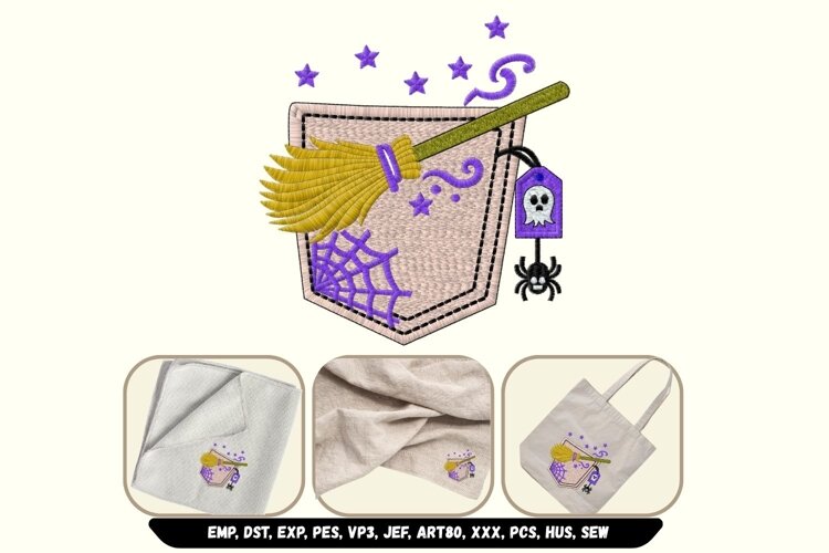 Cute Halloween Witch Broom Faux Pocket Machine Embroidery example image 1
