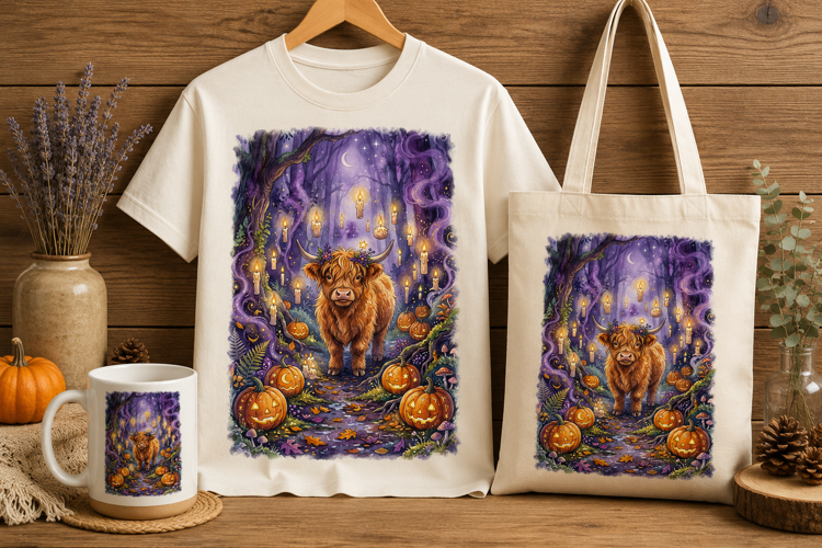 Spooky Highland Cow in Enchanted Forest Halloween Art