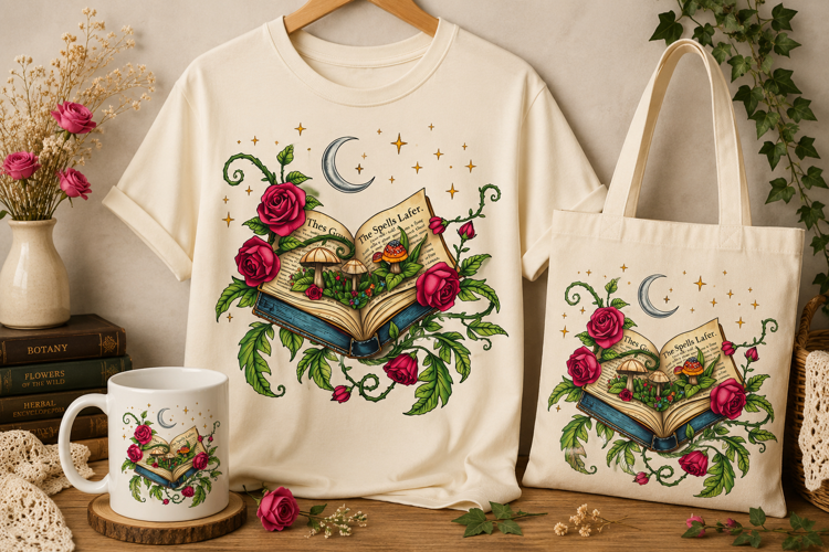 Witchy Book PNG | Roses, Mushrooms & Magic Spell Clipart
