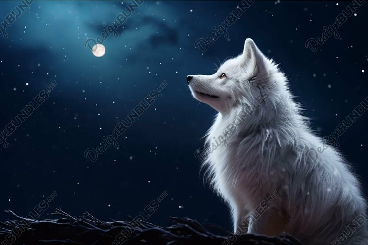 Majestic white wolf under moonlit night sky