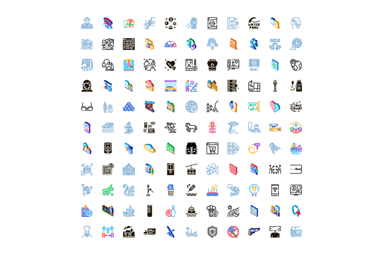 Collection of diverse flat isometric icon graphics