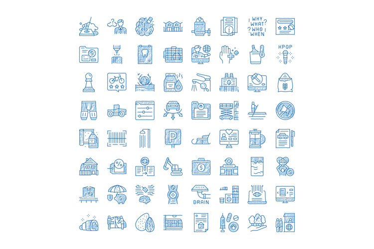 Collection of business, lifestyle, medicine, and tech doodle