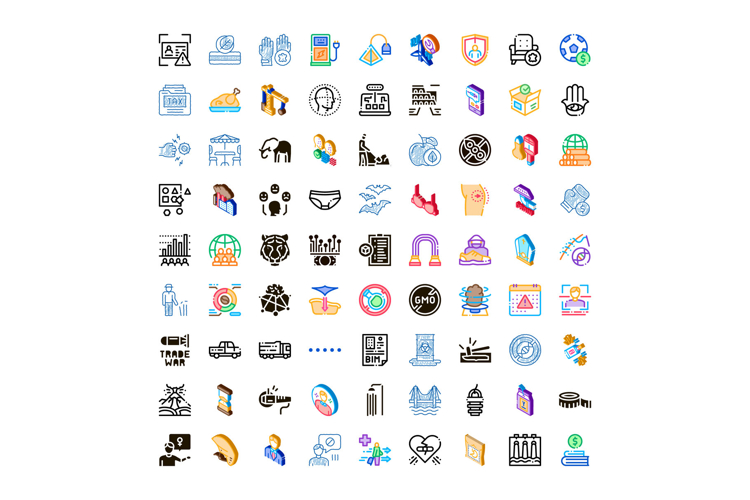 Collection of diverse modern icons representing various glob