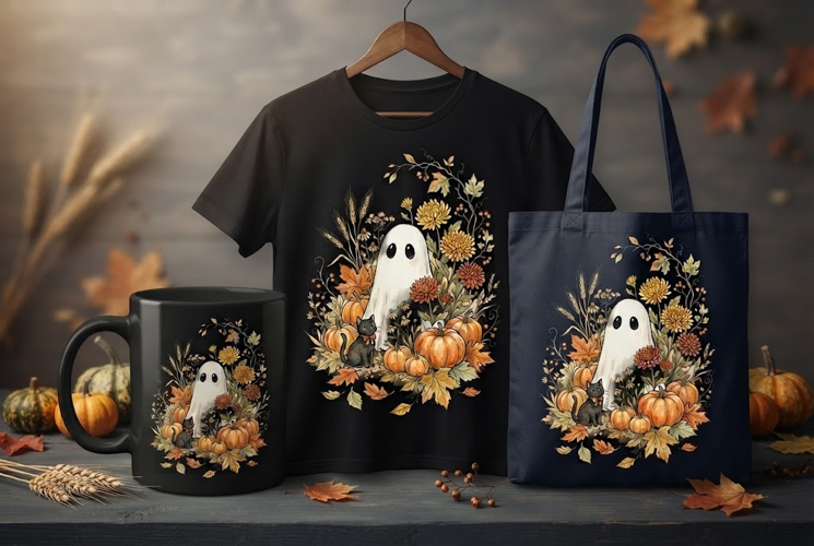 Vintage Watercolor Ghost and Cat Fall Design