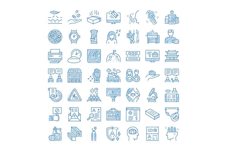 Business technology social issues doodle icons collection