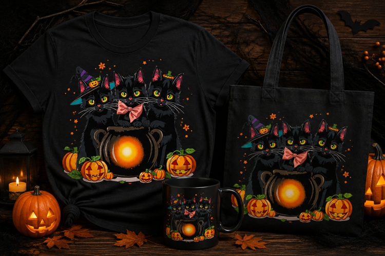 Halloween Black Cats PNG | Witchy Cat Cauldron Pumpkin Desig