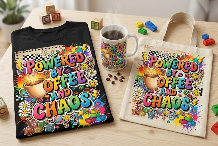 Powered by Coffee and Chaos PNG | Retro Mom Life Design