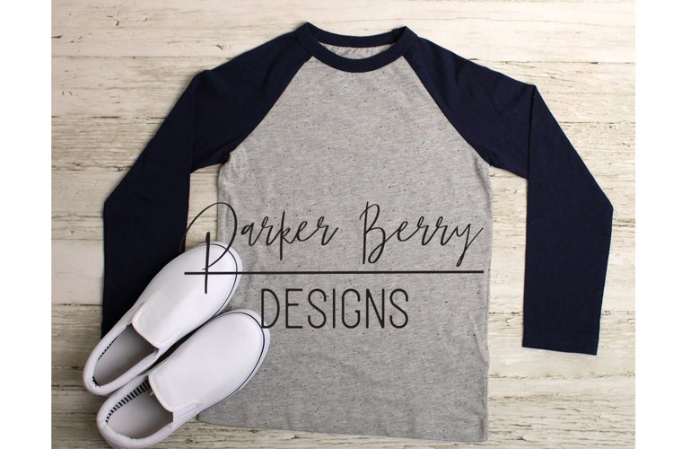 Raglan Navy Grey Shirt Mock up and White Shoes Mock up