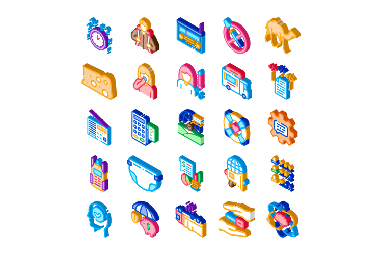 Isometric icons illustrating diverse life and business conce