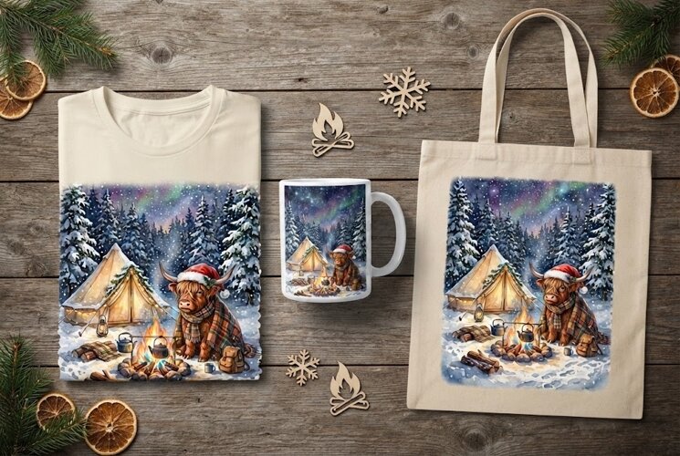 Highland Cow Camping Christmas Northern Lights Art example image 1
