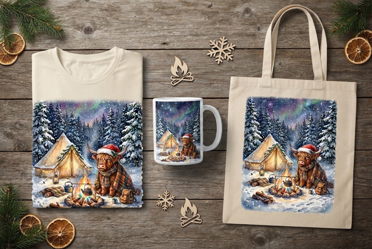Highland Cow Camping Christmas Northern Lights Art