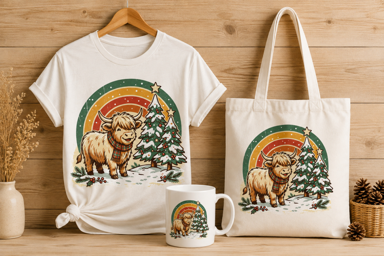 Retro Highland Cow Christmas Trees Plaid Scarf Art PNG