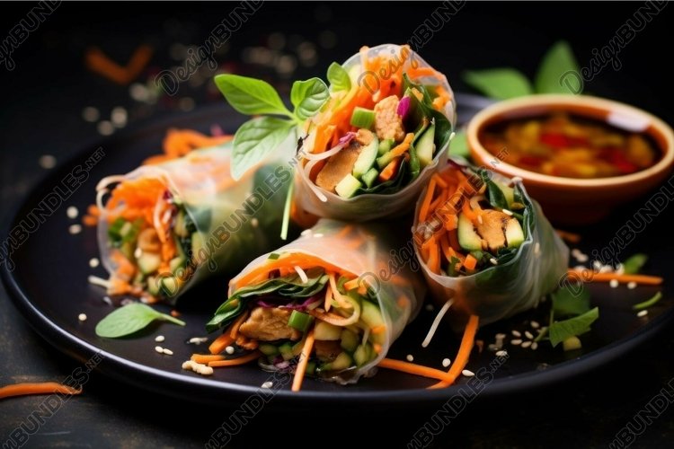 Fresh spring rolls on elegant black plate example image 1