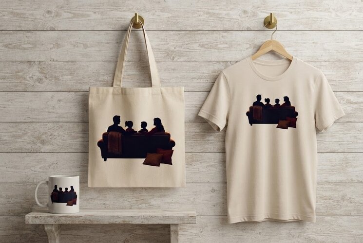 Family Sitting Together on Couch Christmas Art example image 1