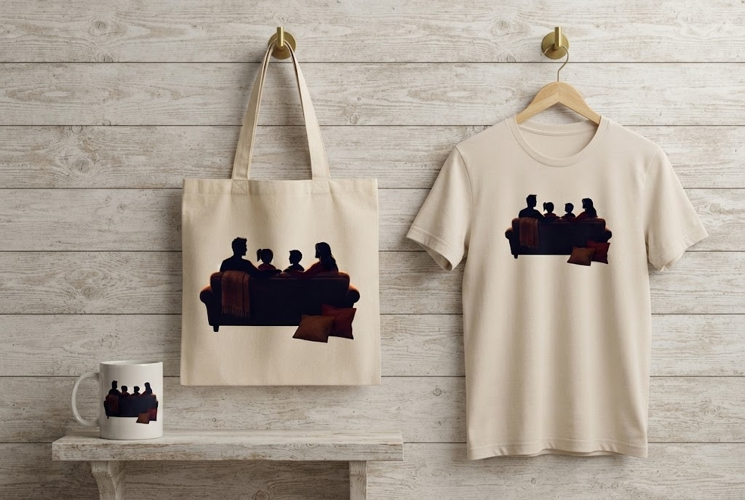 Family Sitting Together on Couch Christmas Art