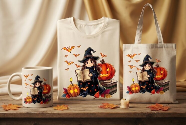 Halloween Witch PNG | Reading Witch & Pumpkin Clipart example image 1
