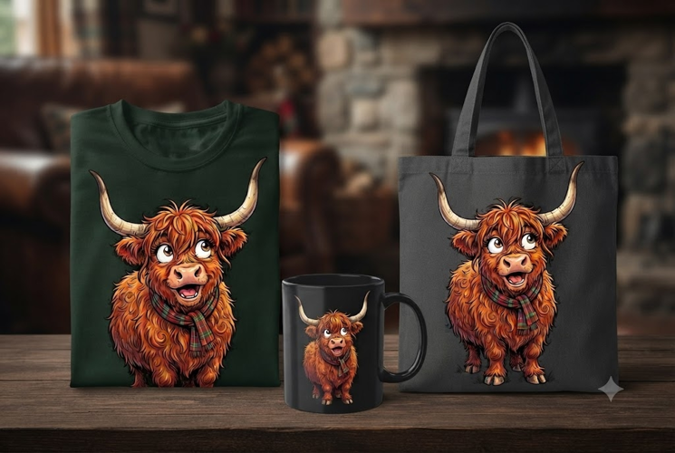 Funny Highland Cow PNG | Cute Scottish Cow with Plaid Scarf