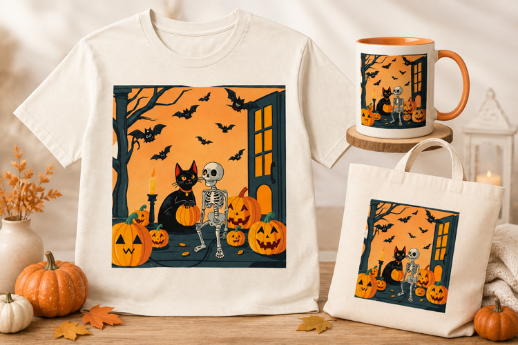 Halloween Black Cat & Skeleton PNG | Pumpkin Spooky Clipart