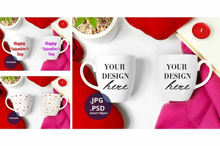 Two Bistro Mugs Mockup Valentine's Day JPG PSD Mockup