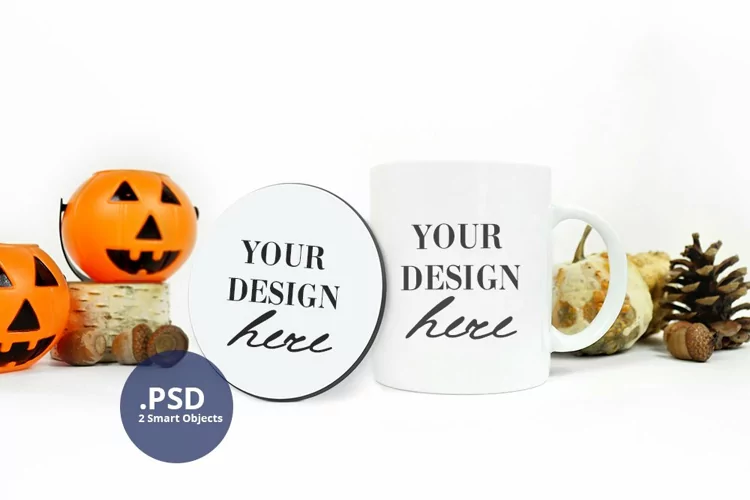 Halloween Mug & Coaster Mockup, Round coaster mock up PSD