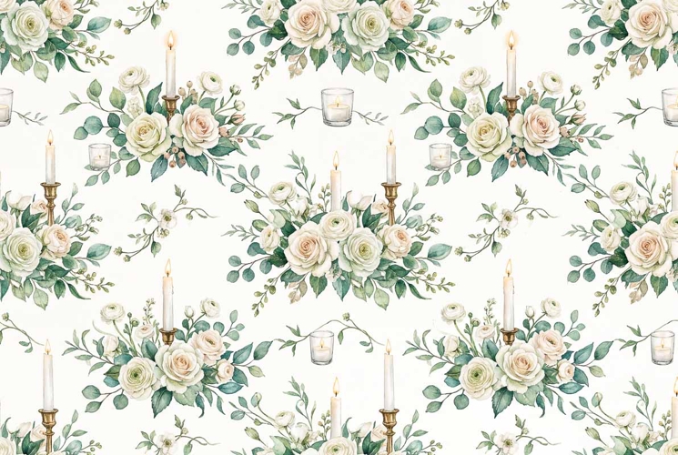 Watercolor seamless pattern with wedding candles white roses