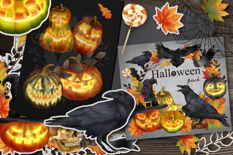 Halloween clipart set with raven pumpkin fall leaves sweets example image 1