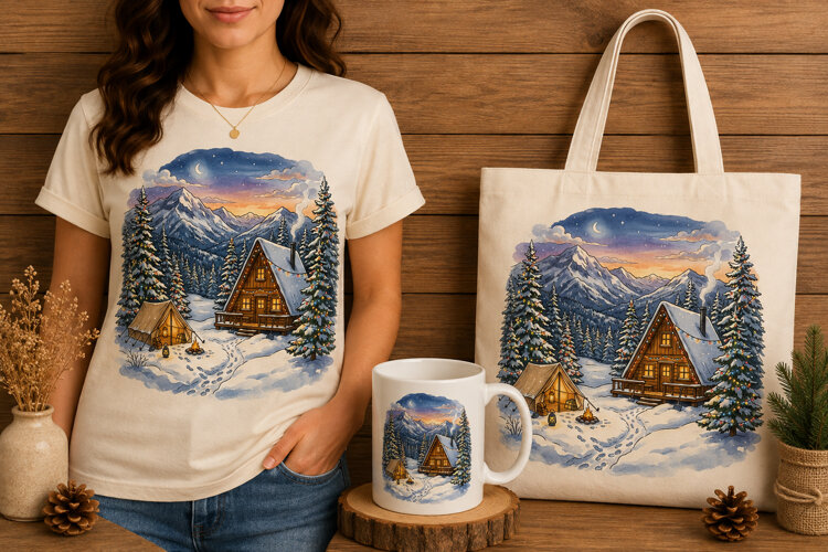 Watercolor Winter Cabin Mountain Campfire Christmas Art example image 1