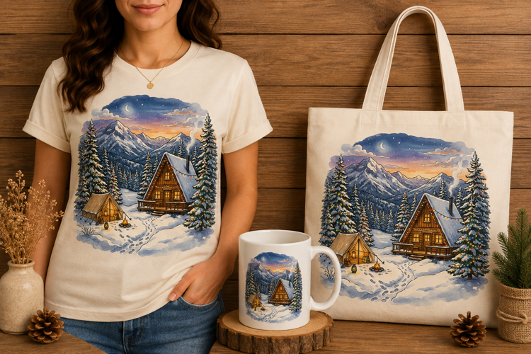 Watercolor Winter Cabin Mountain Campfire Christmas Art