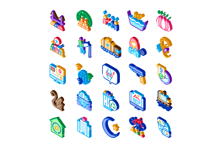 Isometric icon set representing diverse global concepts