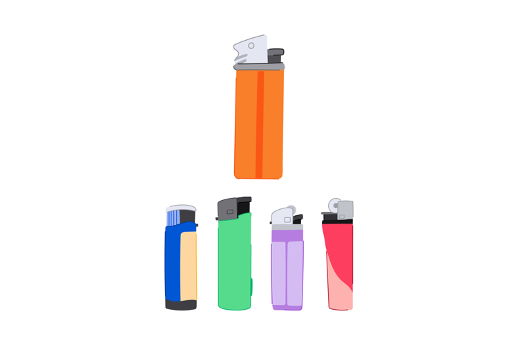 Group of five colorful gas lighters standing upright