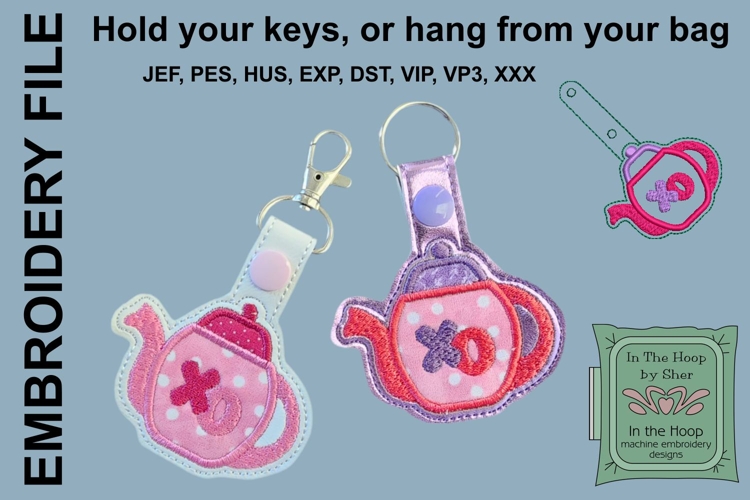 Hugs & Kisses Teapot Valentine Key Fob or Bag Tag - Snap Tab