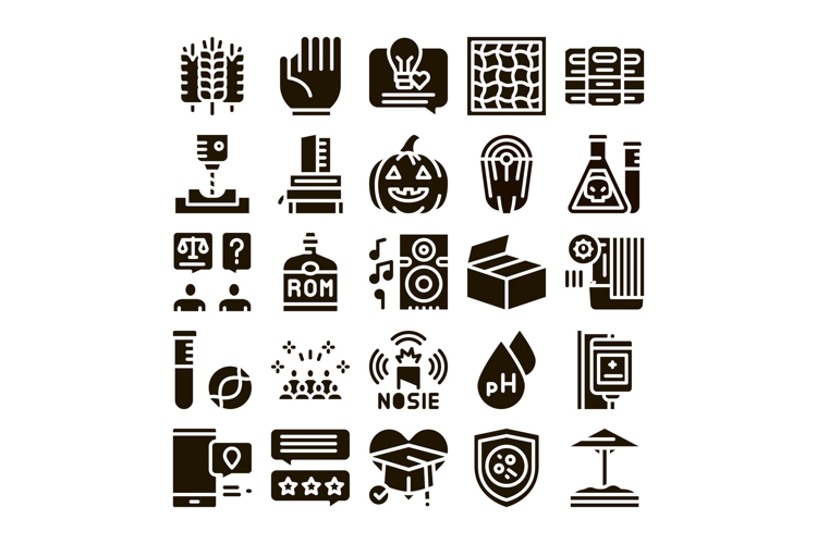Diverse set of solid black glyph icons