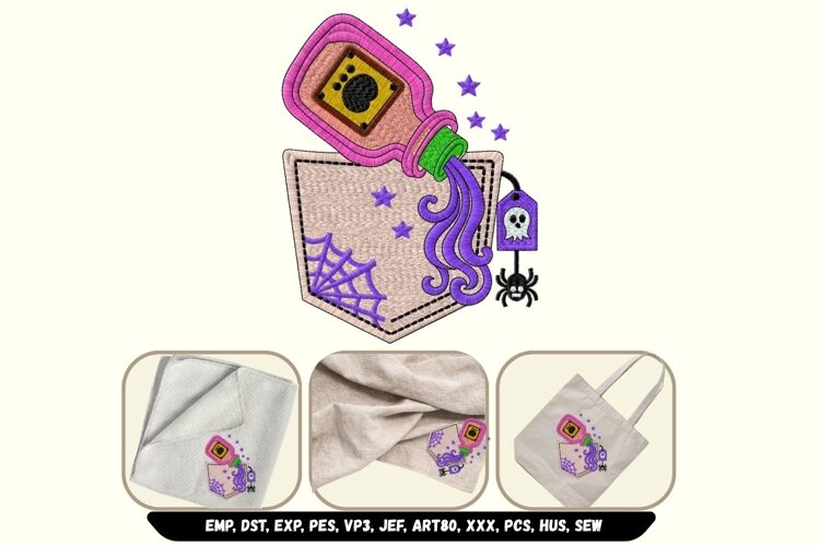 Cute Halloween Magic Potion Faux Pocket Machine Embroidery example image 1