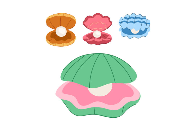 Open clam shells holding shiny pearls