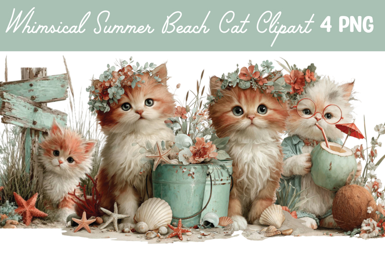 Whimsical Summer Beach Cat Clipart Png