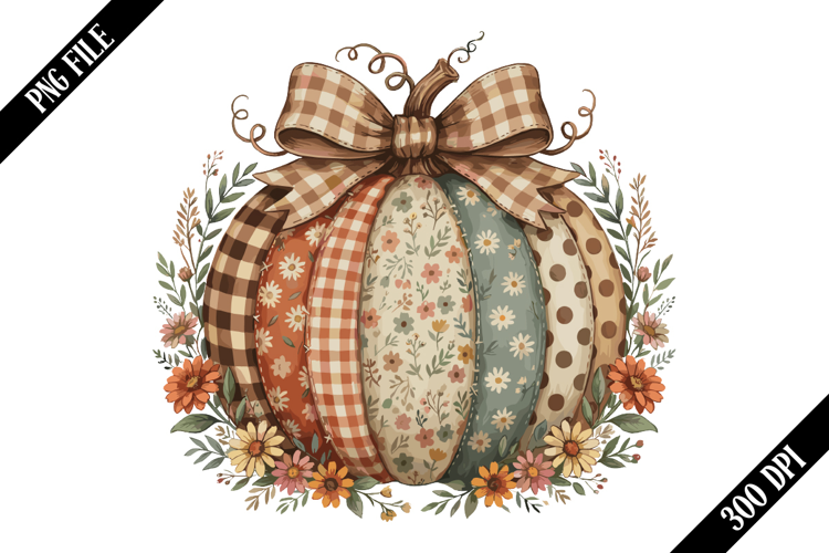 Retro Patchwork Floral Fall Pumpkin PNG Designs
