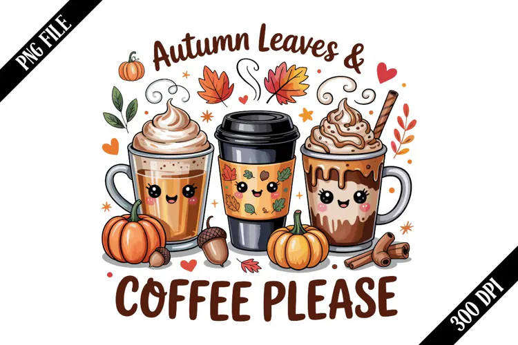 Autumn Leaves and Coffee Please PNG Designs