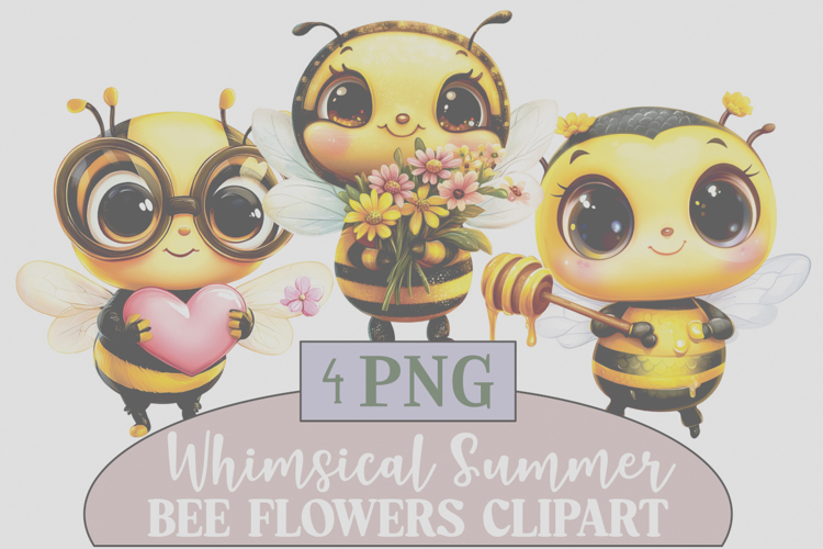 whimsical bee flowers clipart Png