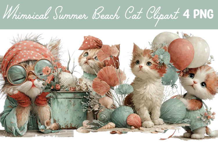 Whimsical Summer Beach Cat Clipart Png