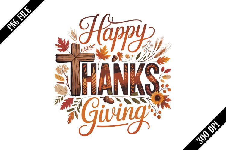 Happy Thanksgiving Cross Christian PNG Designs example image 1