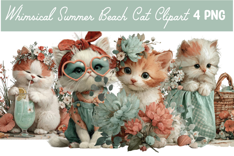 Whimsical Summer Beach Cat Clipart Png